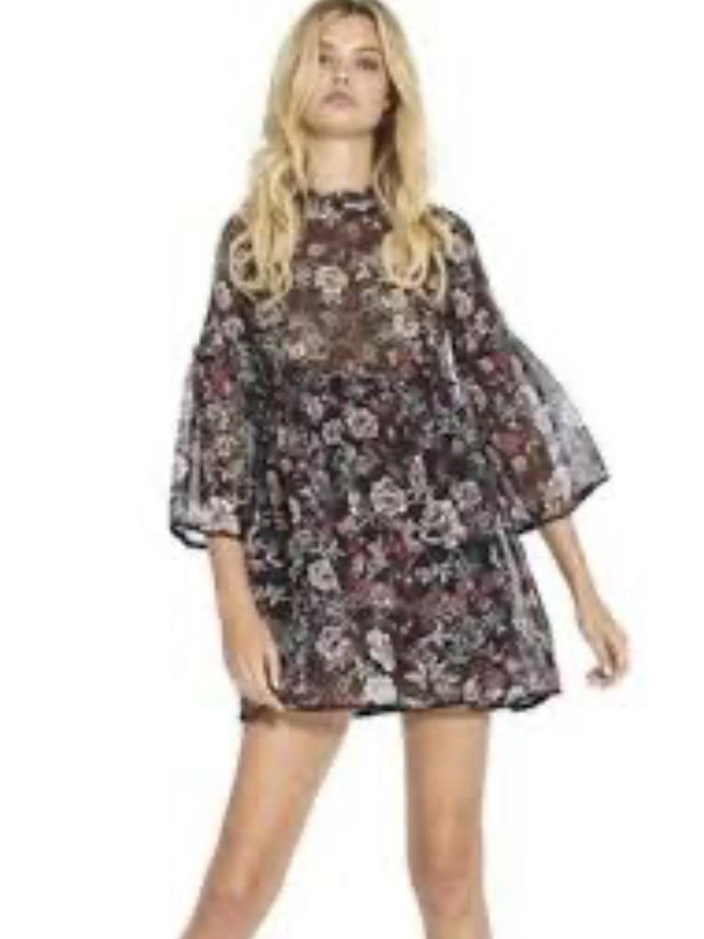 Misa Los Angeles Lorena mini black floral sheer flowy women’s dress l large